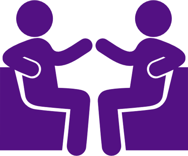 Mentor coaching icon – two equals talking, relaxed and seated facing each other