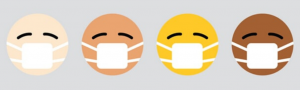 Cartoon faces of all different colors wearing masks for pandemic holiday happiness.