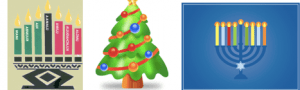 animation of kwanzaa candles, Christmas tree and a menorrah.