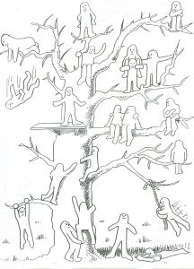 Act Happy Week - International Day of Happiness- cartoon of people in trees, sitting, climbing, standing