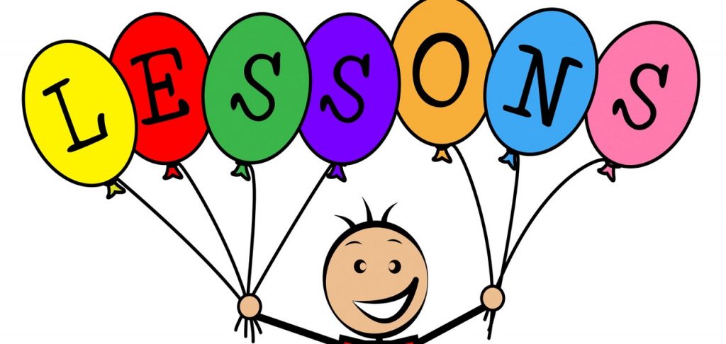 cartoon boy holding balloons that spell out lessons - in regards to lessons from a pandemic