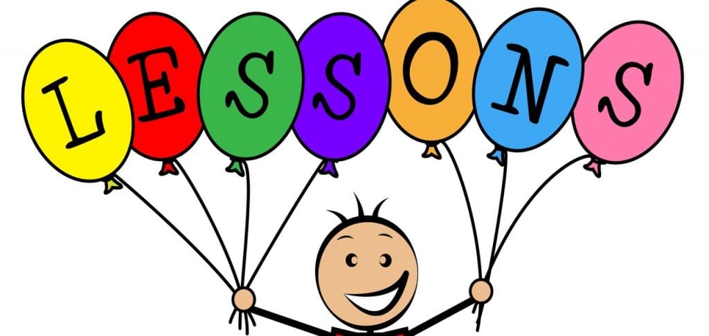 cartoon boy holding balloons that spell out lessons - in regards to lessons from a pandemic